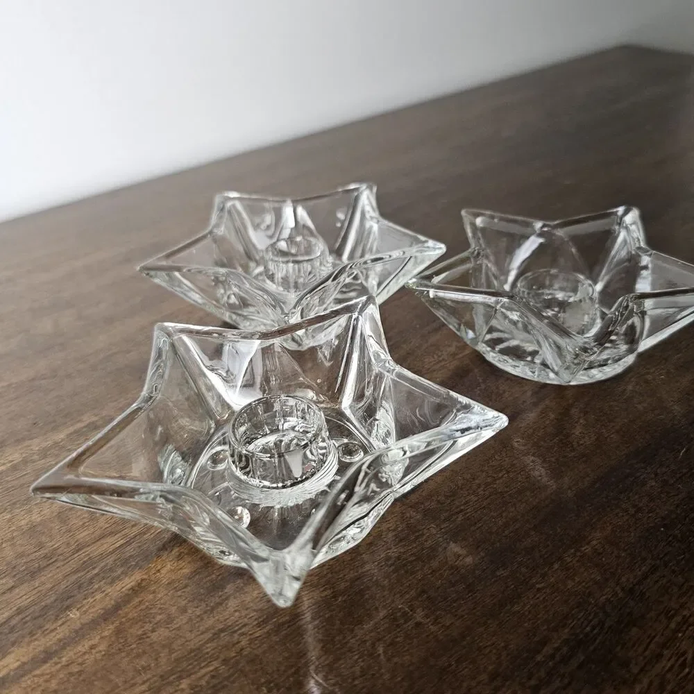 Set of 3 Vintage Clear Glass 5-Point Star Taper Candle Holders Celestial Decor